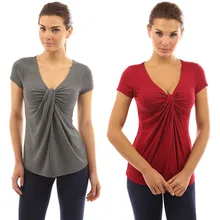Женская летняя футболка, модная, однотонная, v-образный вырез, короткий рукав, топ, завязанный узлом, дизайн, Женская облегающая футболка