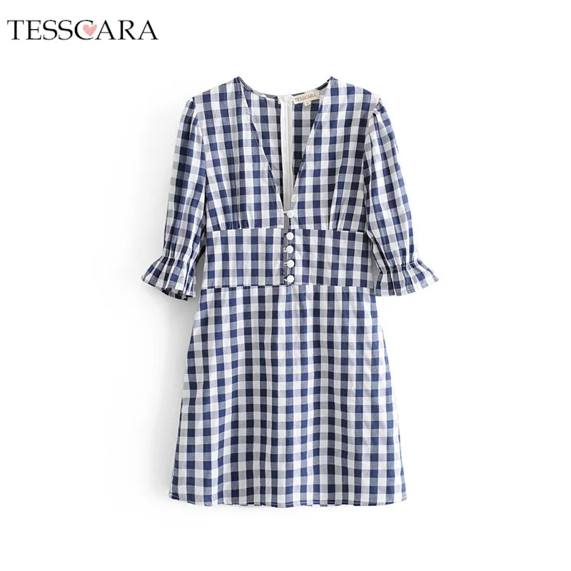 

TESSCARA Women Summer Casual Plaid Dress Shirt Festa Female Deep V-neck Designer Holiday Party Robe High Quality Mini Vestidos