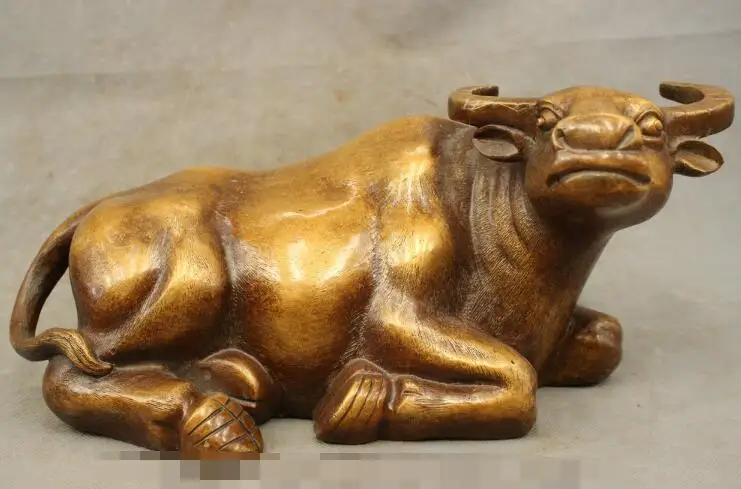 

S02668 14" Chinese Year Zodiac Bronze Decoration Wealth Lying Bull Ox Statue Animals B0403