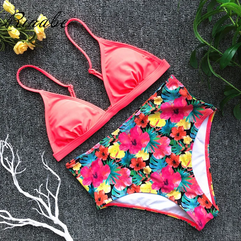 

Rinabe Sexy High Waist Bikini Floral Swimsuit Female Print Swimwear Triangle Vintage Bathing Suit Women Brazilian Bikini Set