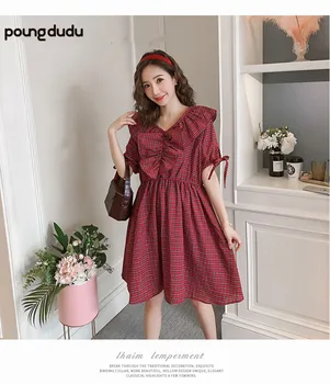 

Poungdudu maternity pregnant women dress cotton linen lattice pregnant women shirt pregnant women clothes Real shot spot summer