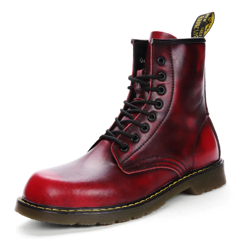 JKPUDUN/модные ботинки унисекс из натуральной кожи; повседневная обувь; Роскошные Брендовые ботильоны ручной работы; рабочие защитные ботинки для влюбленных; - Цвет: wine red boots