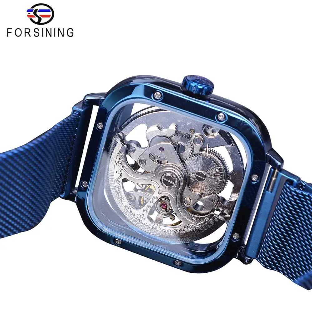 Forsining Blue Watches For Mens Automatic Mechanical Fashion Dress Square Skeleton Wrist Watch Slim Mesh Steel Band Analog Clock