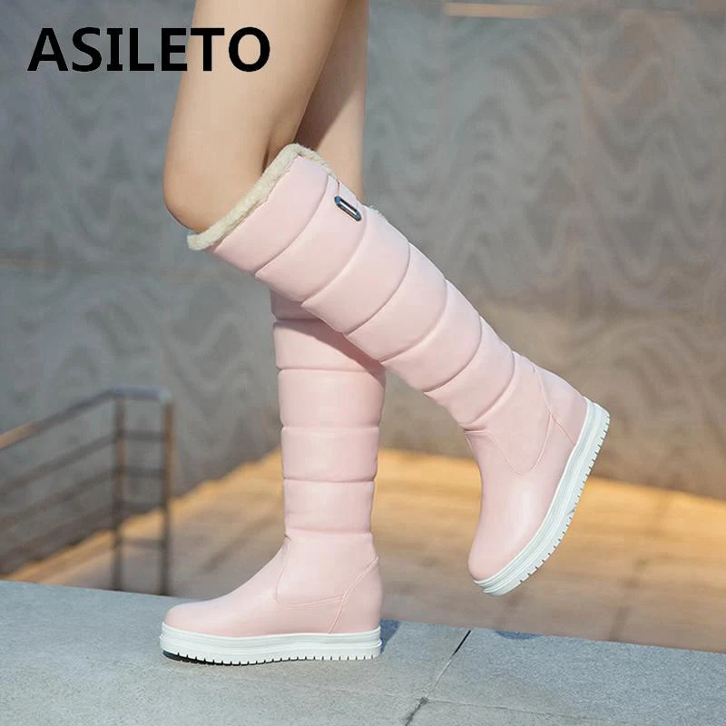 

ASILETO Russia winter boots women warm knee high boots round toe fur ladies thigh high snow boots shoes waterproof botas S813