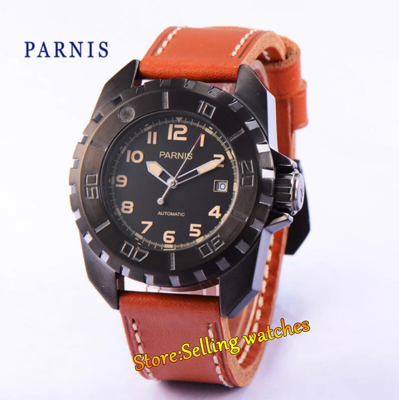 

45mm parnis black dial yellow marks PVD case miyota automatic movement watch