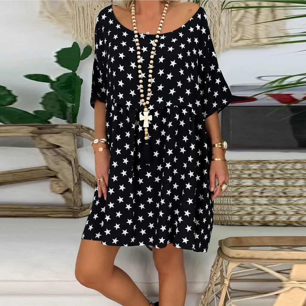 

Feitong Womens Summer Bohemian Dot Print Loose Dress Ladies Round Neck Printed Short Sleeve T Shirt Beach Dress Robe Femme 2019