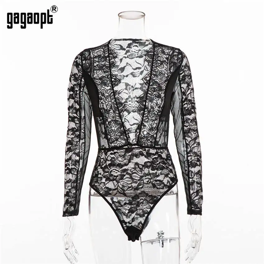 brown bodysuit Gagaopt Lace Bodysuit Women Fashion Deep V Neck Patchwork Mesh Bodysuit White/Black Sexy Bodysuit Club Jumpsuit Overalls sexy bodysuit Bodysuits