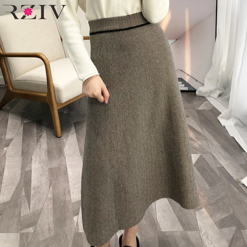 

RZIV winter women knitted swing skirt and high waist long vintage skirt OL