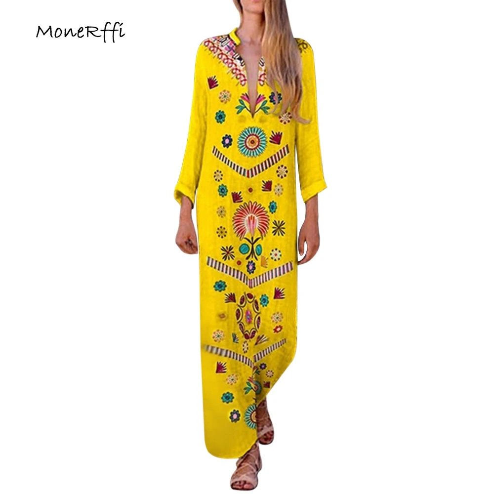 

MoneRffi 2019 Women V-Neck Long Sleeve Floral Printed Dress Mujer Vestidos Spring Solid Loose Boho Hem Dress Plus Size Sundress