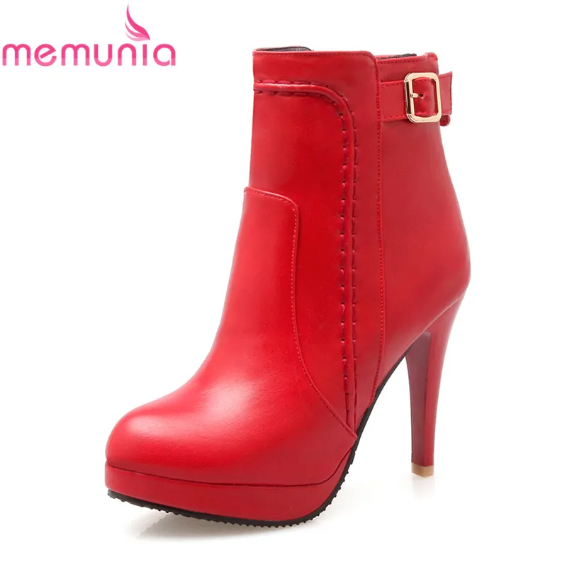 

MEMUNIA 2020 new arrival ladies boots with buckle slip on pu leather boots round toe platform thin high heels ankle boots womens