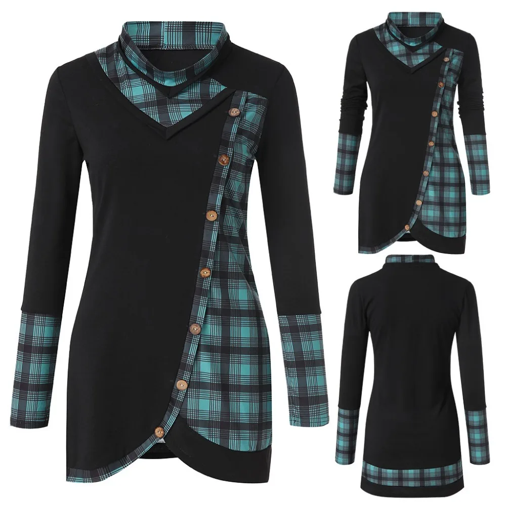 

Autumn Winter Women Long Sleeve Irregular Hem Plaid Button Turtleneck Tartan Tunic Shirts Pullover Tops Hot Sale Female T-shirt