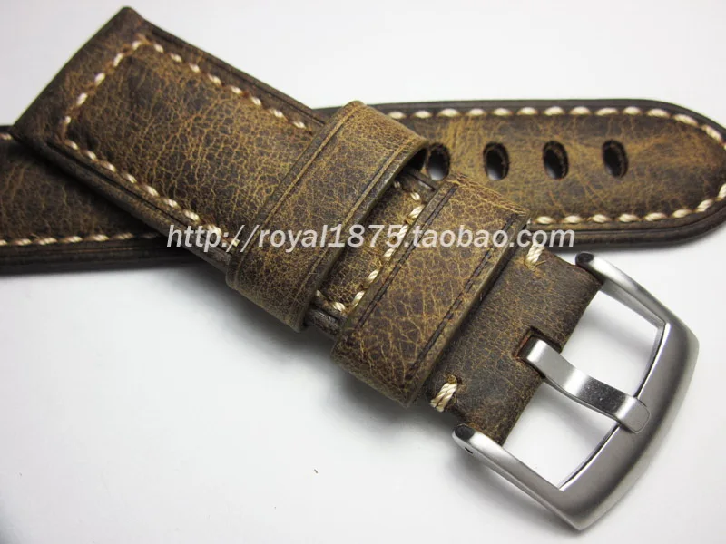 Men Watchband Handmade Leather Strap 24mm thick lines Retro Brown strap