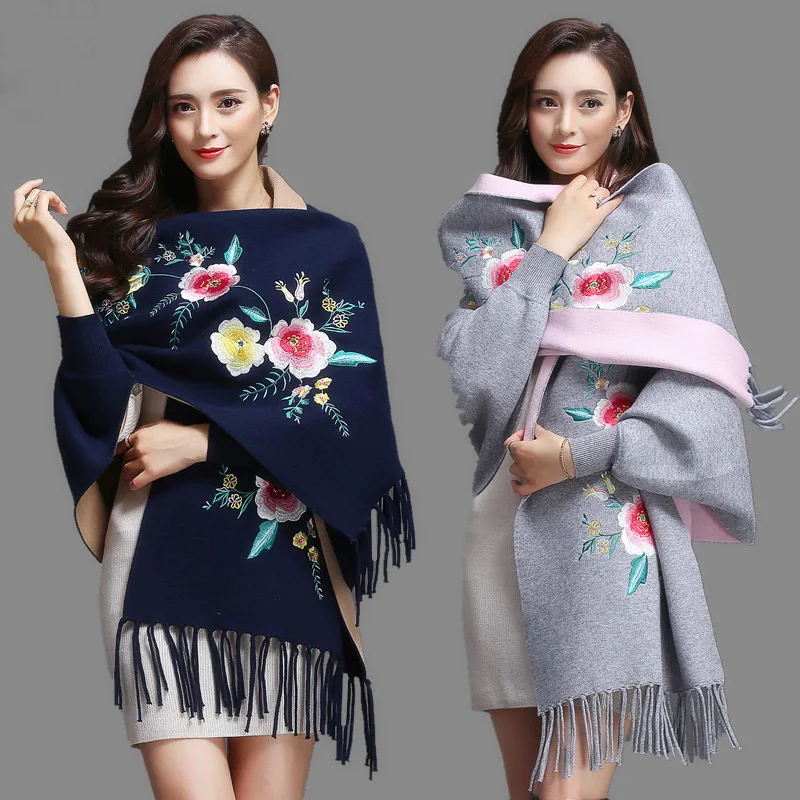 Женский шарф негабаритных зимних шарфов шаль с вышивкой толстые теплые кисточки хлопок пончо из составной шерсти цветочный женский шарф