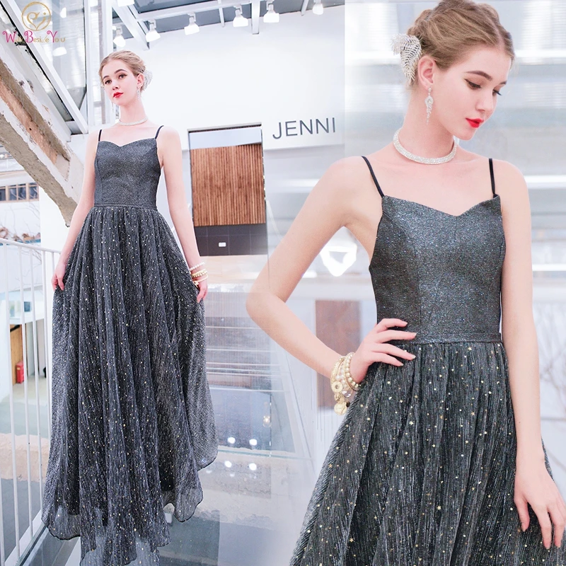 

Bling Evening Dresses 2019 Crystal A Line Long V Neck Spaghetti Straps Sleeveless Prom Gown Graduation vestido Walk Beside You
