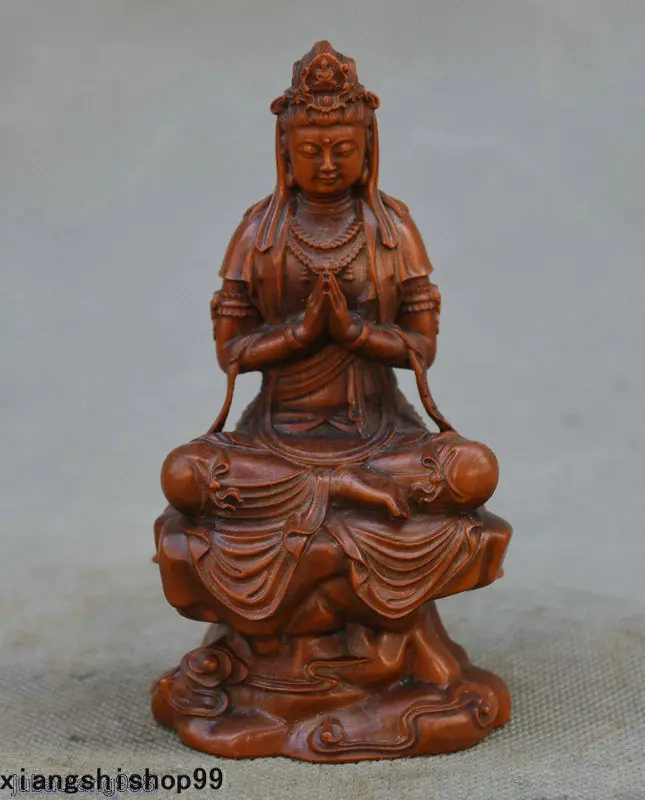 Crafts statue Chinese Boxwood Wood Carved Kwan yin Guanyin Quan Yin
