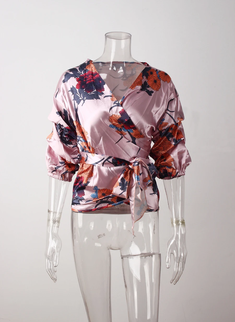 Elegant Women Spring Summer Shirts Boho Style Floral Print Chiffon Tops Blouse V-neck Belt-Bow Shirt Fashion Women's clothing (21)