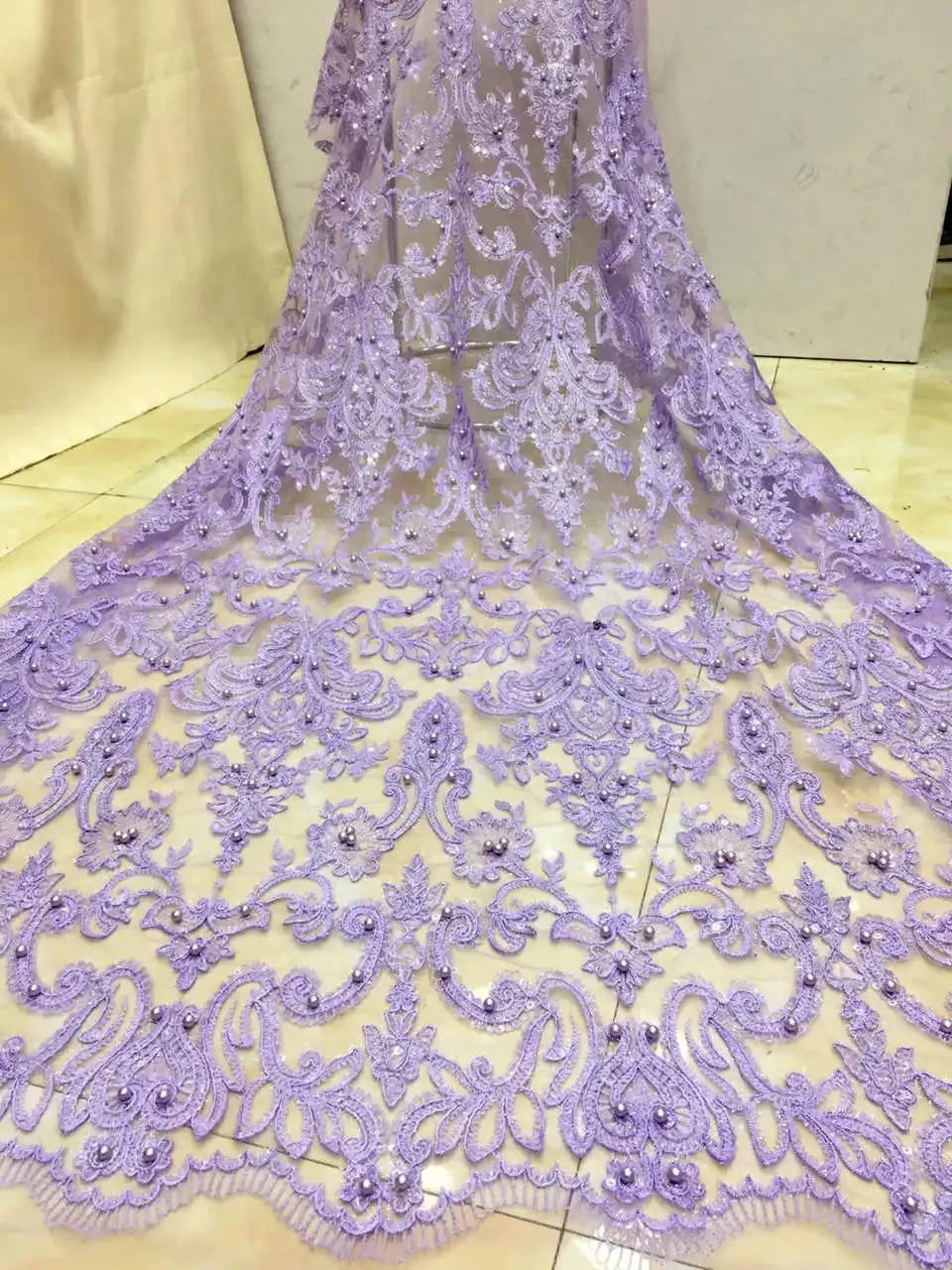 

Lilac Purple embroidery mesh fabric tulle lace fabric French Net Lace Fabric with beads and sequins for party dresses IG905