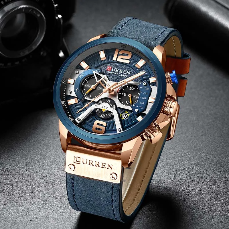 Curren для мужчин s часы лучший бренд класса люкс хронограф мужские часы Кожа Роскошные водонепроницаемые спортивные часы для мужчин Мужские часы Мужские наручные часы - Цвет: Blue Gold Blue