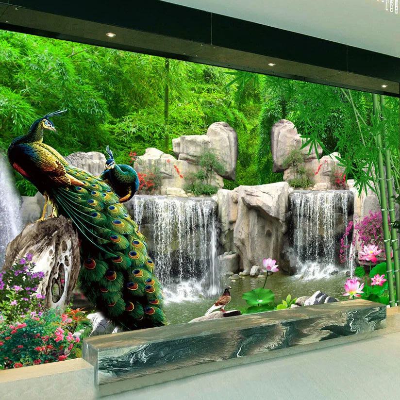 

beibehang Custom 3D Photo Wallpaper Bamboo Forest Rockery Peacock Background Photography Backdrop Living Room Bedroom Non-woven