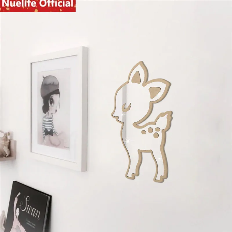 

Creative deer 3D acrylic wood grain mirror sticker kindergarten kids room bathroom porch background decoration wall sticker A5