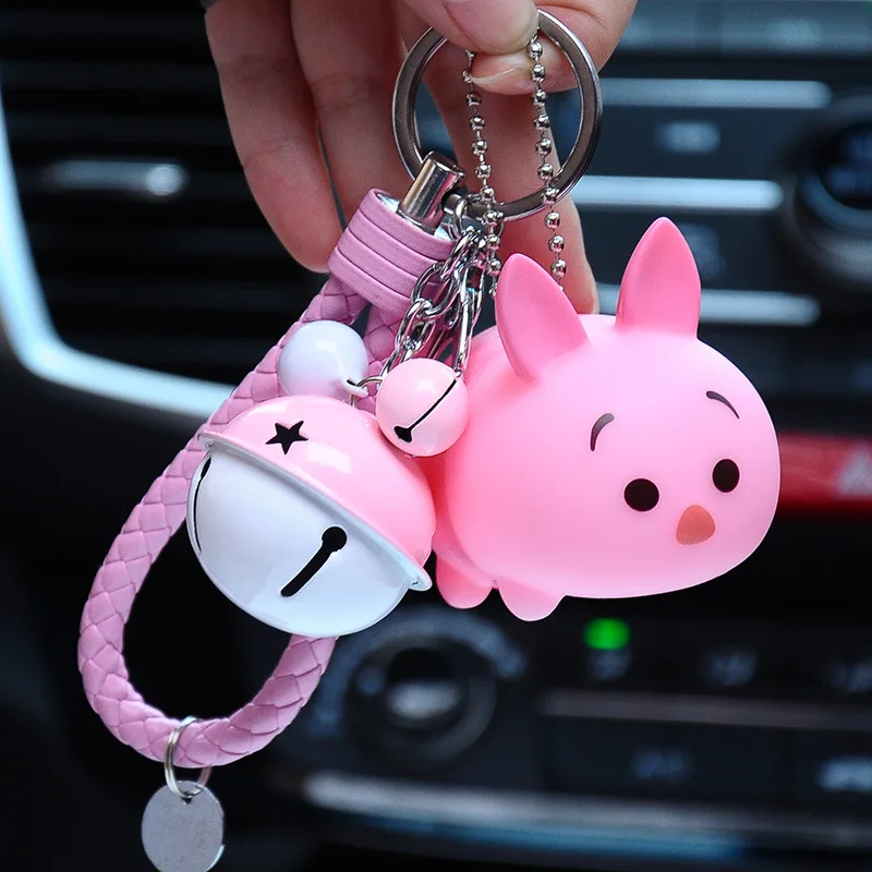 

Cute Cartoon Keychain Animal Pink Pig Key Chain Minnie Llavero Dog Key Ring Bear Porte Clef Leather Rope Keyrings Bag Pendant