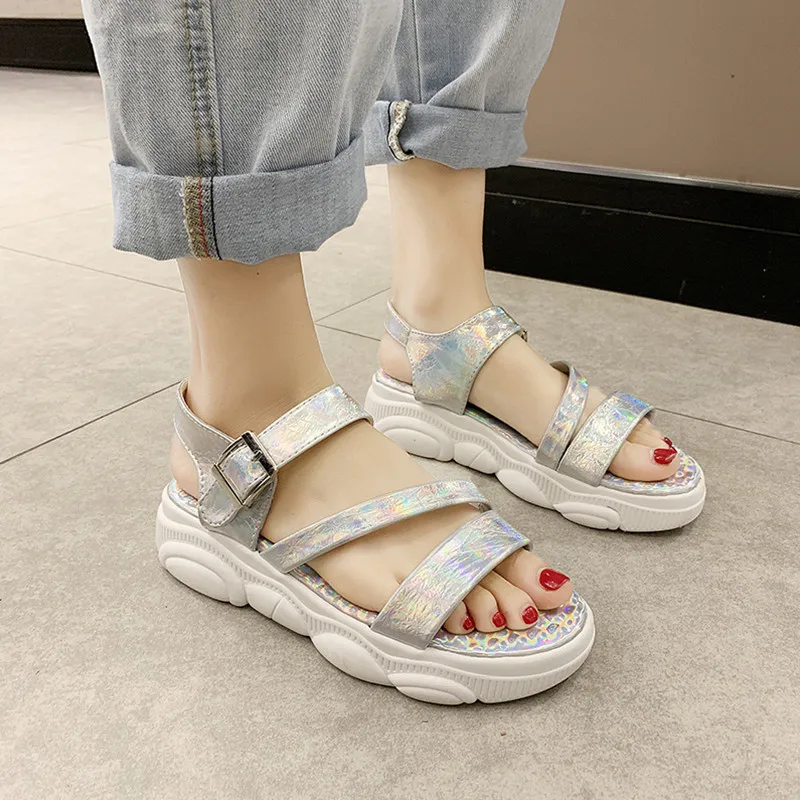 

beach shoes skid resistance Solid Color leather sandals women belt fastener block heels soulier femme plataformas mujer