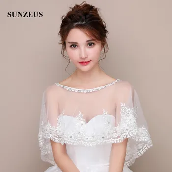 

Luxurious Wedding Wraps for Women Beaded Neck Scoop Graceful Bridal Jacket Lace Appliques Bolero Girls cape mariage SW05