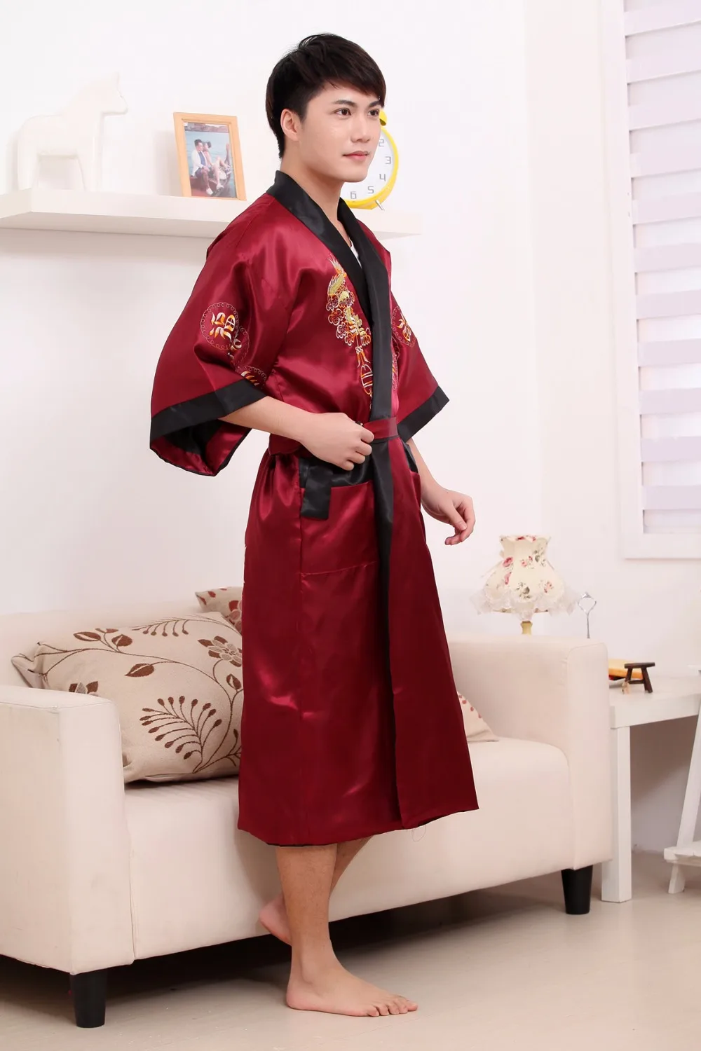 Black Double-Side Embroidery Dragon Male Long Robe Chinese Men Silk Satin Men's Dragon Kimono Robe Gown Reversible Bathrobe pajama joggers