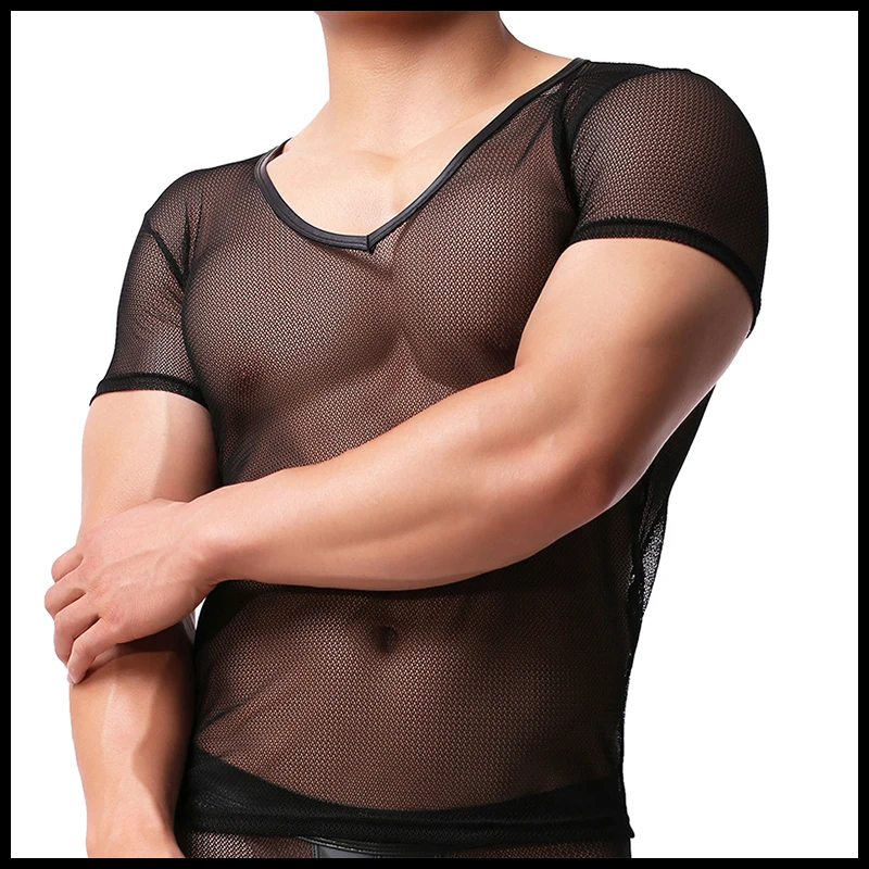 

Man Black Undershirts/Fashion Mesh Breathable Transparent Male Shirts/V-neck Sheer Gay Funny Tops