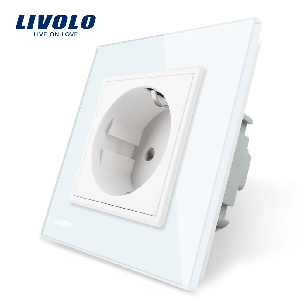 Livolo EU Standard Power Socket White Crystal Glass Panel AC 110 250V 16A Wall Power Socket