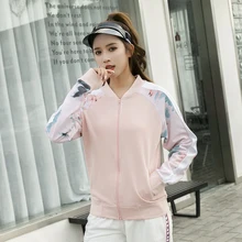 Женские теннисные куртки с длинным рукавом для тренировок, йоги, рубашки на молнии, тонкие, с круглым вырезом, розовые, одежда для спортзала, топы с принтом, китайский элемент, узор