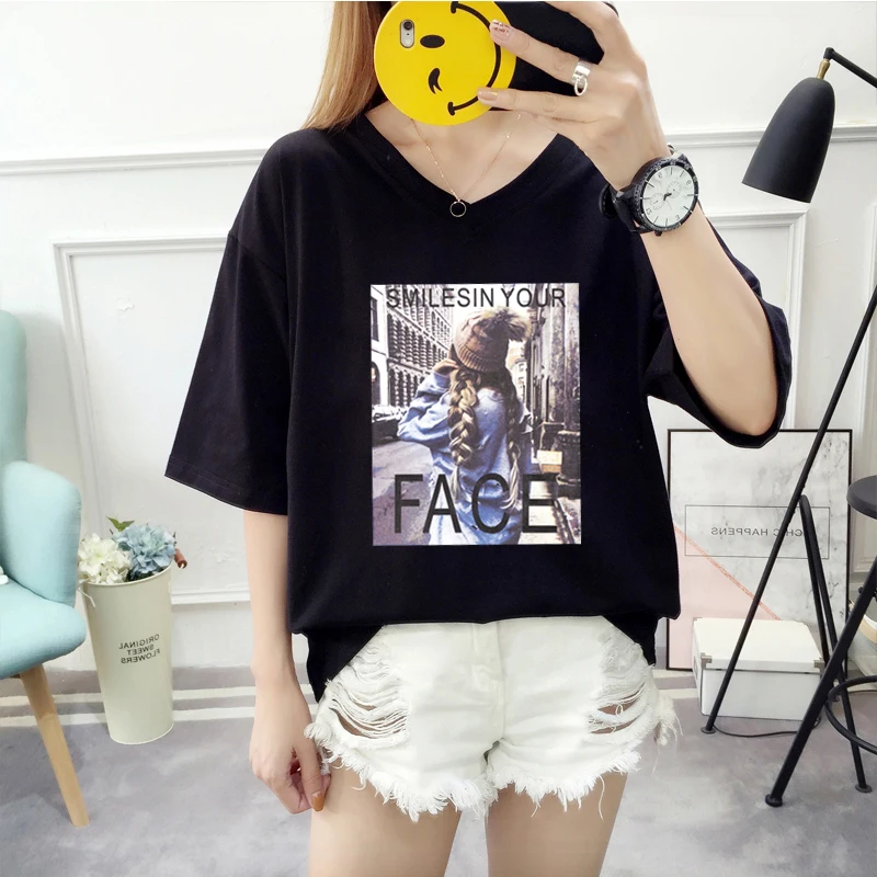 

2019 Summer New Women's T-shirt Korean Fashion Characters Print Loose Large Size Casual Female Tshirts V-Neck Oversize Tops