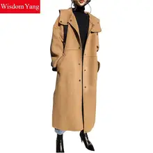 Зимнее черное клетчатое пальто из натуральной овечьей шерсти, женское свободное повседневное длинное шерстяное пальто с капюшоном, шерстяное пальто