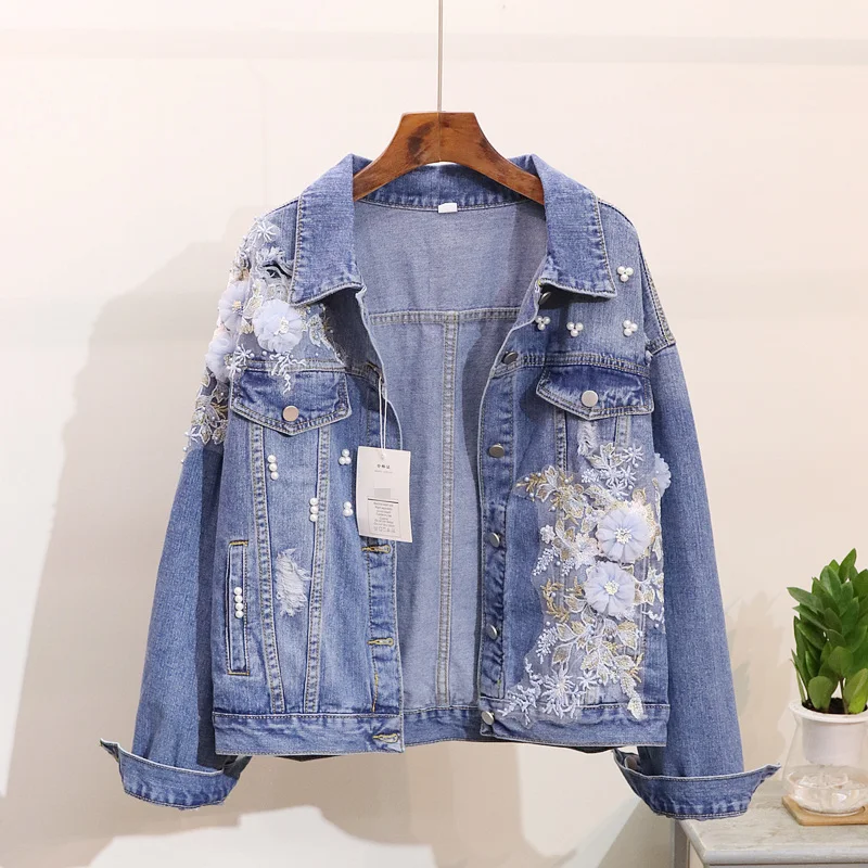 

Spring Autumn Jeans Jacket Coat Woman Heavy Stereo Pink Flower Embroidery Hole Denim Jackets Big size Student Ladies Basic Coats