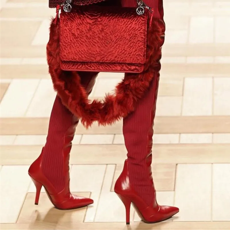 

Luxury Brand Zapatos De Mujer Red Black Genuine Leather With Knit Knee High Boots For Women Slip On High Heels Women Shoes