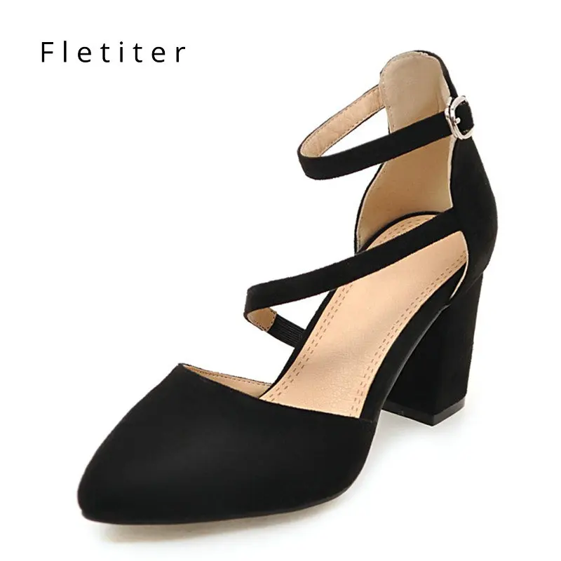 Ladies Flock Curve Pumps Pointed Toe Buckle Strap Square High Heels For ...