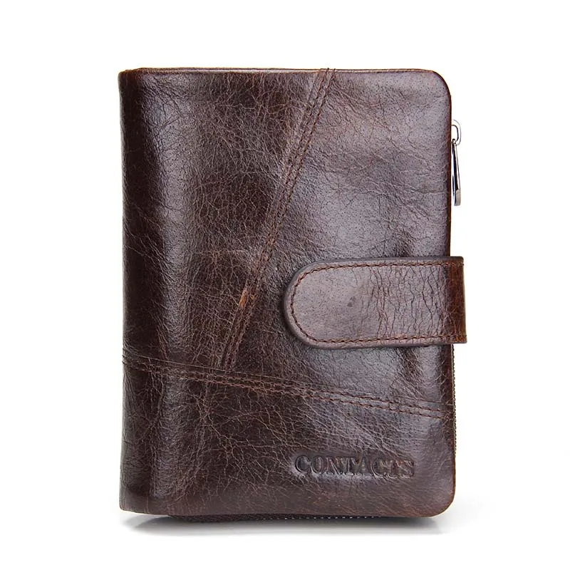 CONTACT'S Кошелек портмоне в винтажном стиле из натуральной кожи с отделениями мужские короткие кошельки дизайн с застежкой на молнии портмоне - Цвет: dark brown
