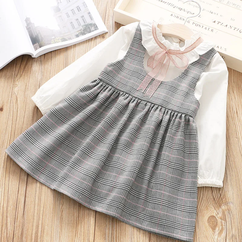 

Girls Dress 2019 Spring Cotton Plaid Knee-Length Strap Dress+Lace Bow Shirt 2 PCS Kids Dresses for Girls Clothes Tz-4019