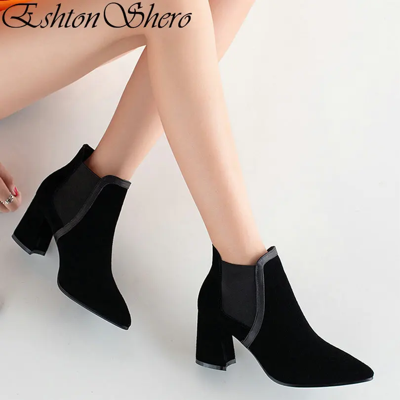 

EshtonShero Women Ankle Boots Shoes Woman High Heels Cow Suede+PU Pointed Toe Slip On Ladies Motorcycle Boots Size 3-8