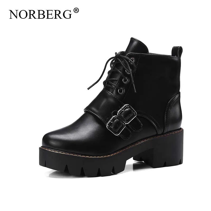 

NORBERG autumn / winter Rubber sole women boots round head Martin boots thick with British wind retro belt buckle Lace-Up shoes