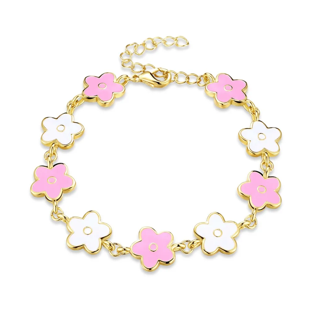 

INALIS Gold Pink Color Enamel Drop oil Flower Bracelets for Women Girl Female Child Jewelry Pulseira de Prata Gift