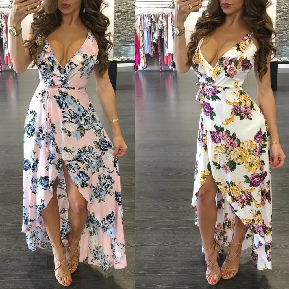 

Hirigin Hot Women Summer Floral V-Neck High Waist Slim Boho Long Maxi Dress Evening Party Beach Sling Sundress