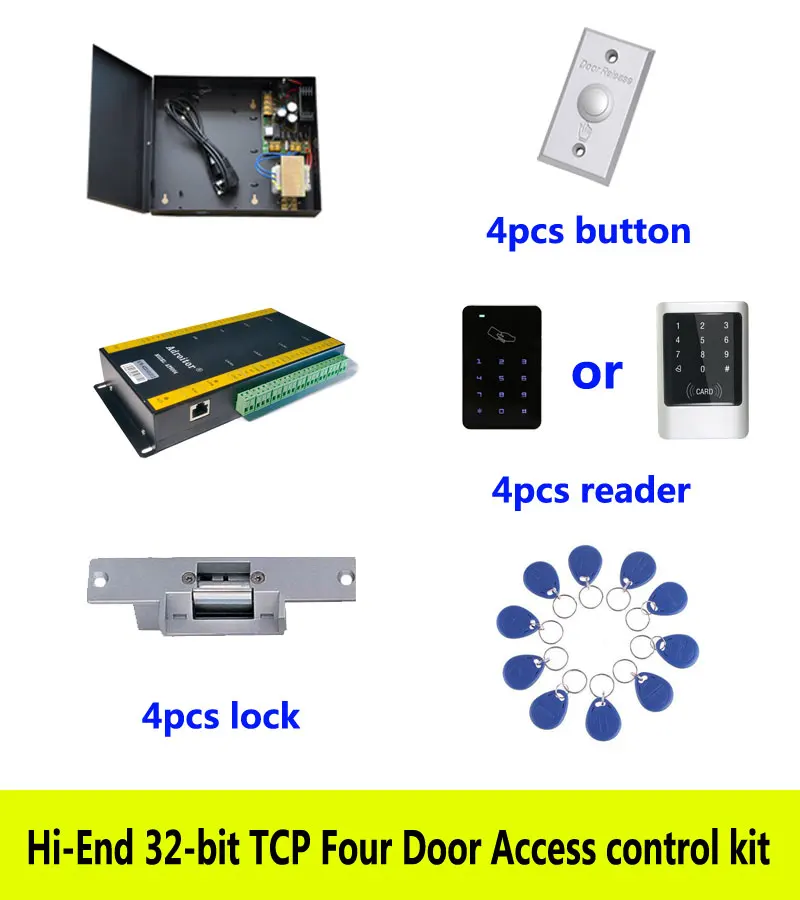 Hi-end 32-Бит Комплект контроля доступа, TCP/ip одна дверь + powercase + удар Дверные замки + ID сенсорная клавиатура ридер + кнопка + 10 Идентификационные