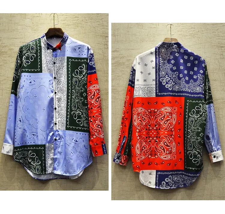 Men's Casual Shirt Camisa Masculina Hip Hop Patchwork Printed Long Sleeve Spring Summer Shirts Men National tide Fashion