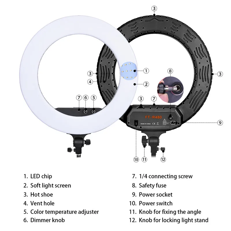 Fosoto FT-R480 18 дюймов кольцевой светильник двухцветная лампа с 3200-5800 к лампы для фотостудий с регулируемой яркостью светильник се зеркало для телефона Камера фото-и видеосъемки