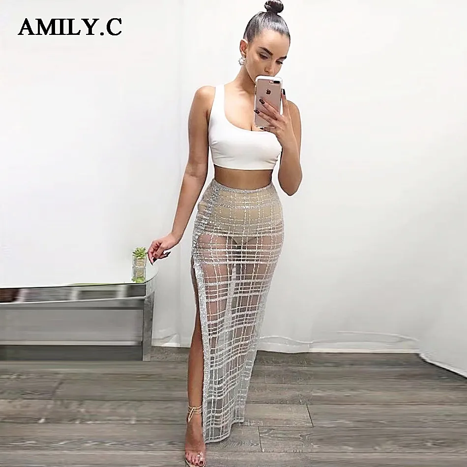 

Amily.c 2018 New Spring Women Bandage Dress Sexy Chic Strapless Mesh Plaid 2 Piece Dress Celebrity Party White Dresses Vestidos