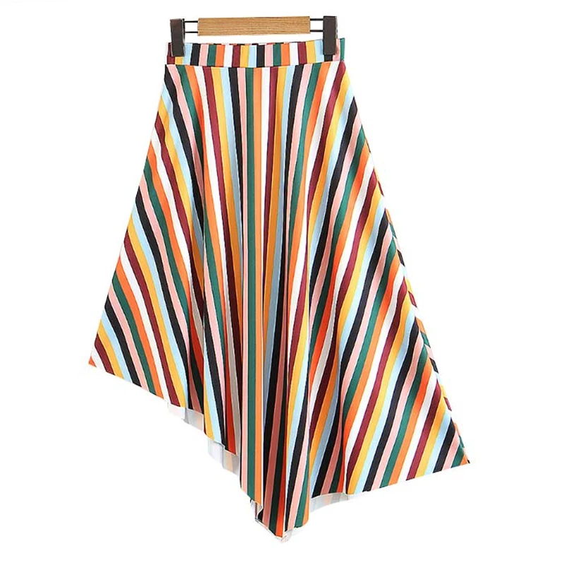 

Women Skirts Women Irregular Color Striped Mid Calf Skirt Elastic Waist Asymmetrical Design Female Casual Midi Skirts Vestidos