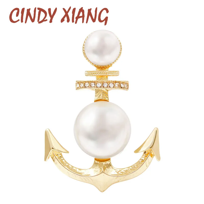 

CINDY XIANG New Arrival Gold Color Pearl Anchor Brooches For Women Creative Design Fashion Pins Coat Brooch Summer Style Jewelry