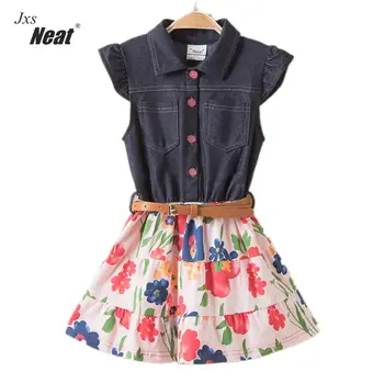 

Summer Girl sleeveless dress new cowboy button sleeveless girl clothes cotton belt printing children's dress 4-8 SH2168