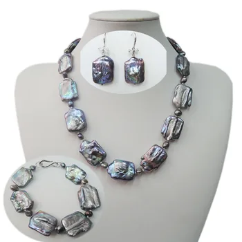 

Square baroque Black freshwater PEARL JEWELRY SET NECKLACE,Bracelet and EARRING-925 silver earring hook,big pearl size 17x21mm
